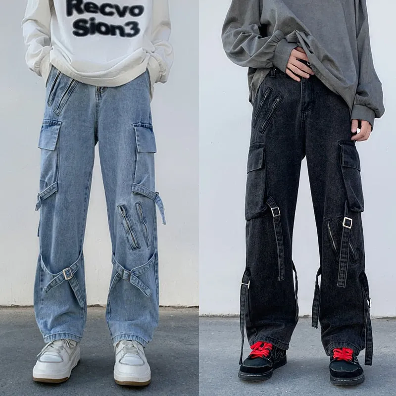 Foesce -New Men Jeans Wide Leg Denim Cargo jean pants Gothic Straight Baggy hip hop Streetwear Skateboard Neutral denim Trousers