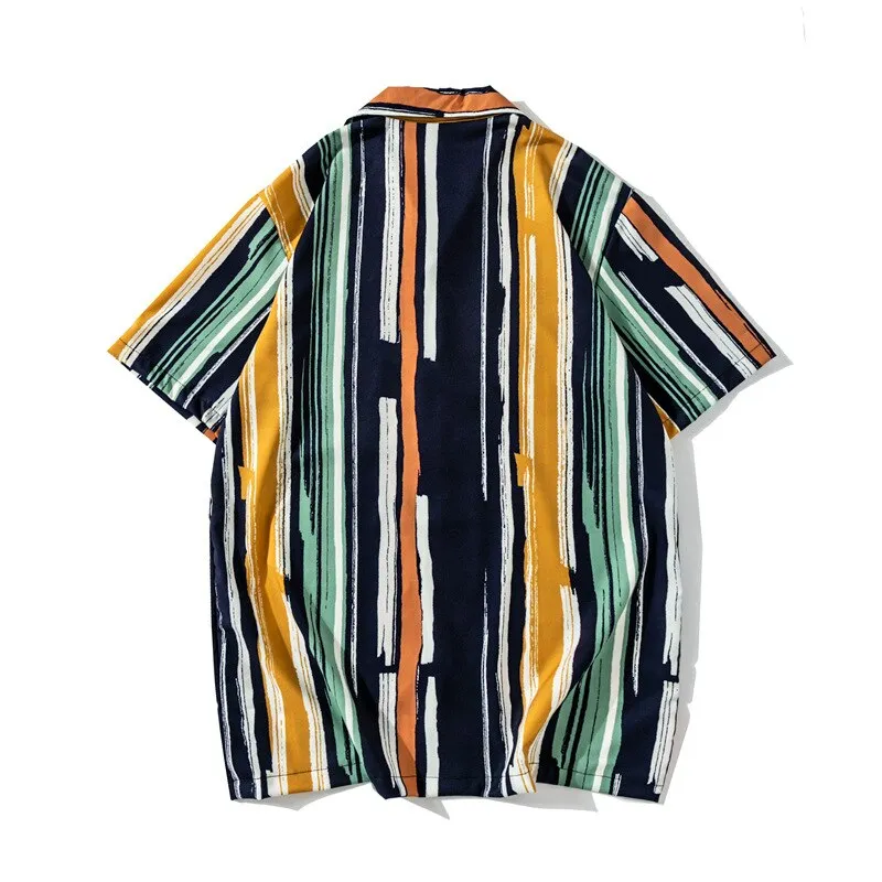 Foesce -Summer Mens Button Beach Shirt Short Sleeve Stripe Shirt Men Clothing Men Casual Hawaiian Shirts for Men Chemise Homme