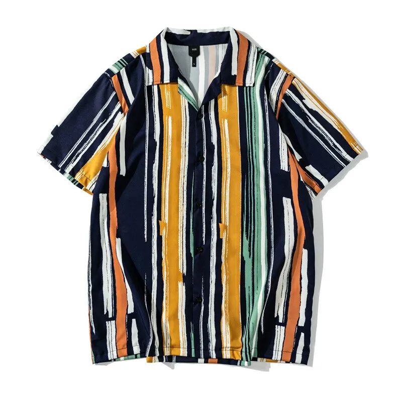 Foesce -Summer Mens Button Beach Shirt Short Sleeve Stripe Shirt Men Clothing Men Casual Hawaiian Shirts for Men Chemise Homme