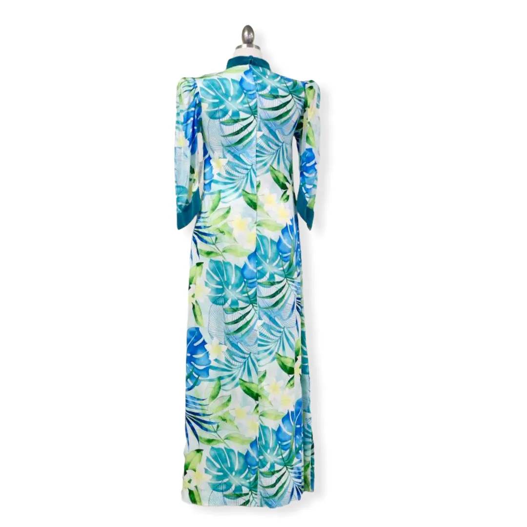 Green Mandarin Velvet Collar Monstera Leaf Hawaiian Dress | Plus Size 2656