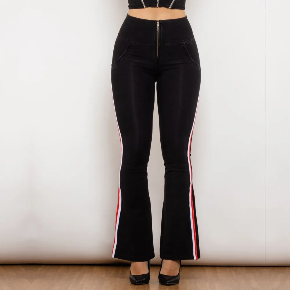 High Waist Dark Thread Black Flare Jeans with Stripe