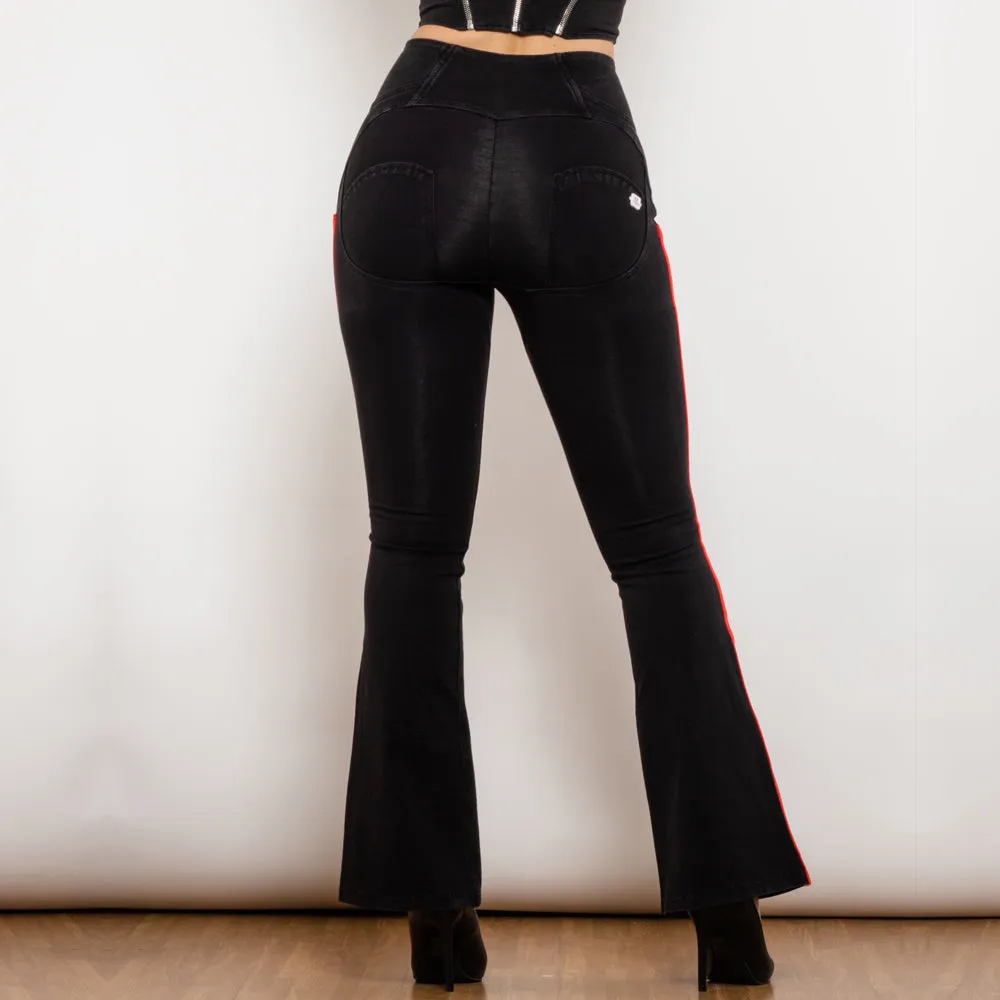 High Waist Dark Thread Black Flare Jeans with Stripe