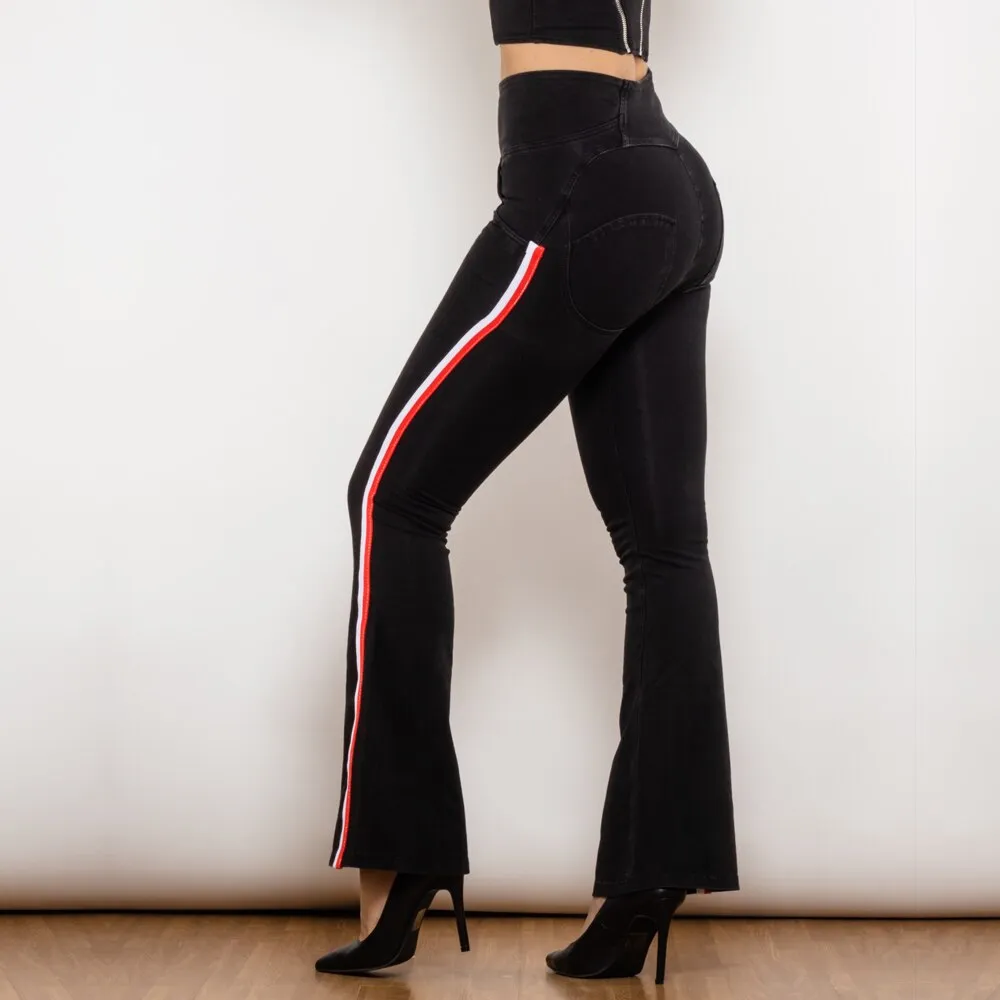 High Waist Dark Thread Black Flare Jeans with Stripe