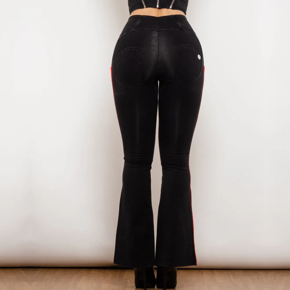 High Waist Dark Thread Black Flare Jeans with Stripe