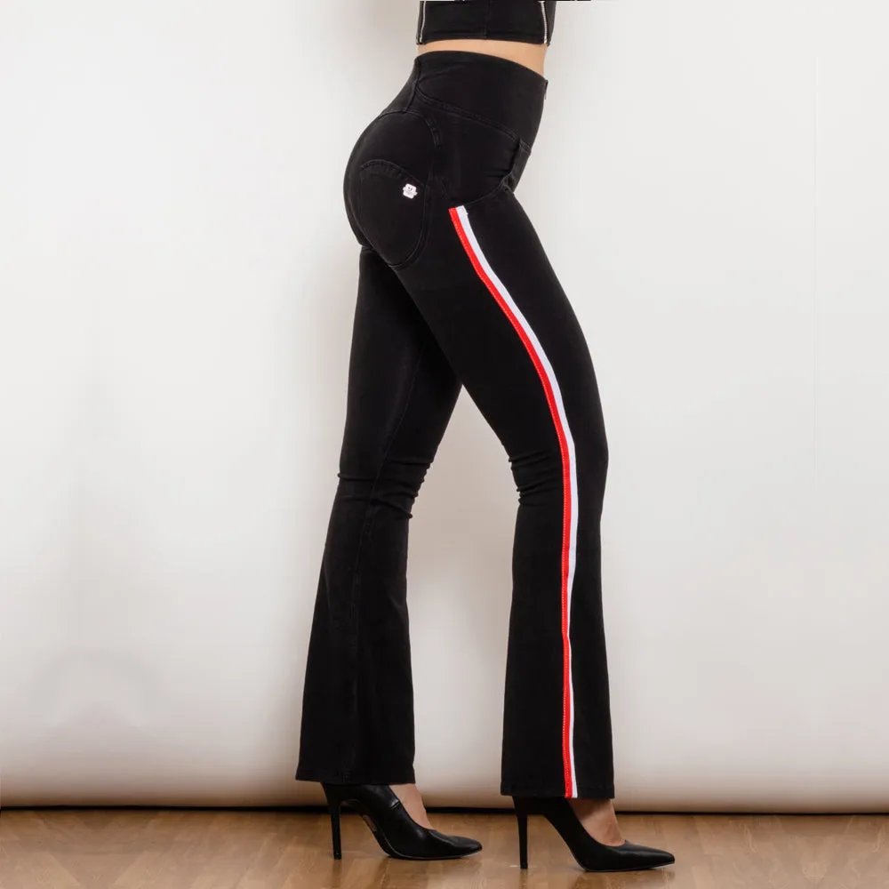 High Waist Dark Thread Black Flare Jeans with Stripe