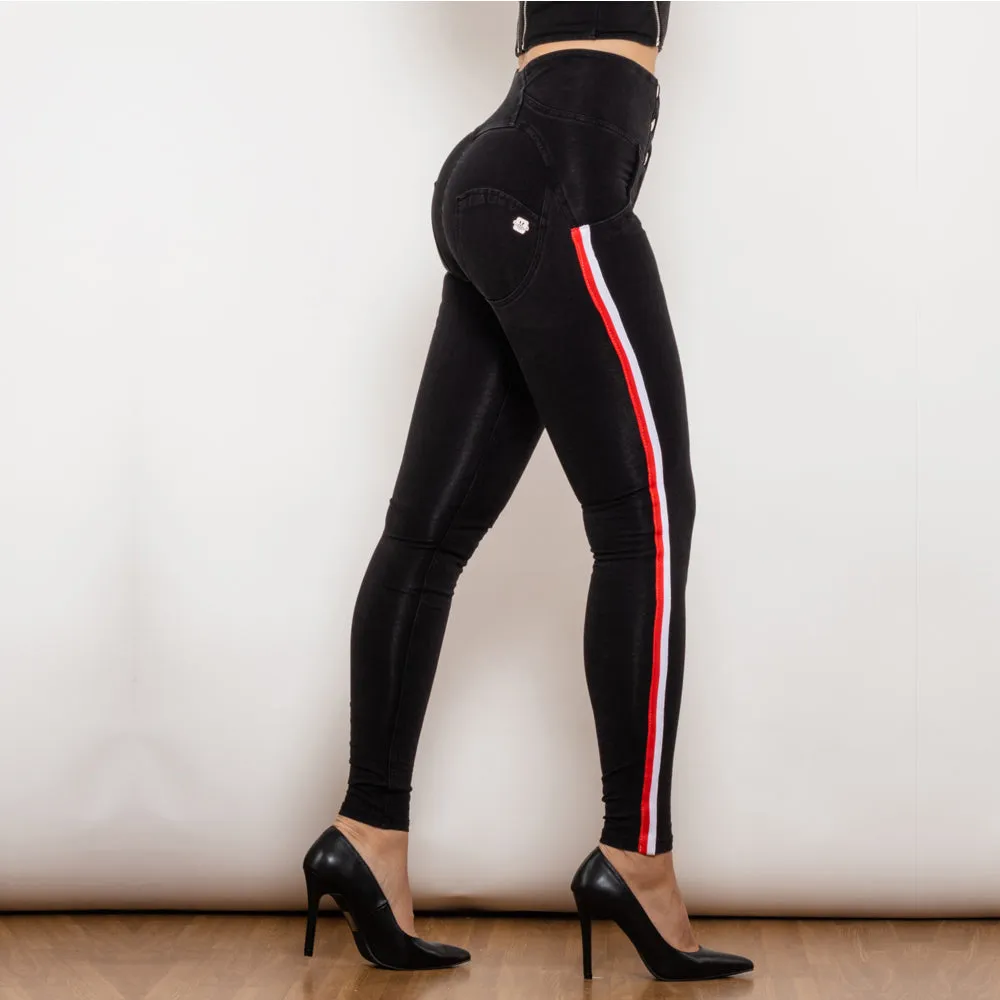 High Waist Dark Thread Black Jeans Button Style with Stripe