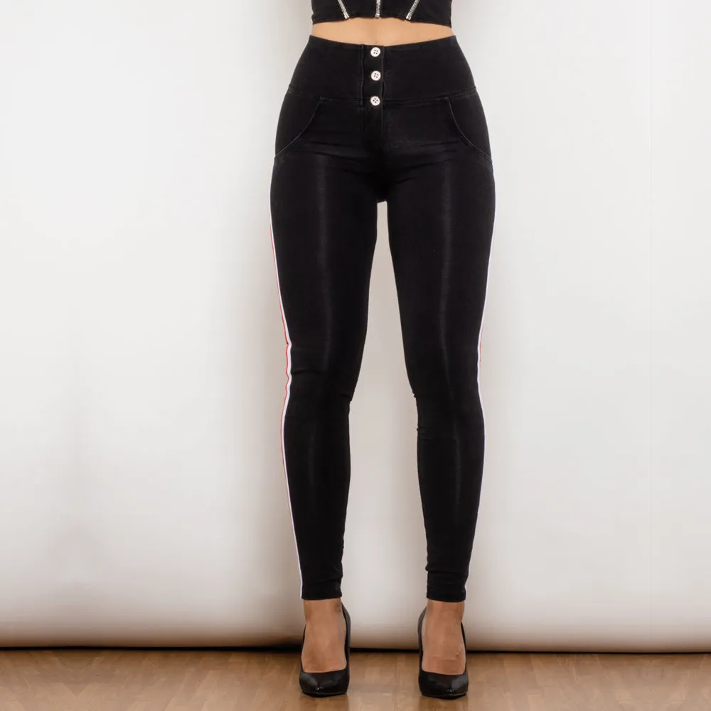 High Waist Dark Thread Black Jeans Button Style with Stripe