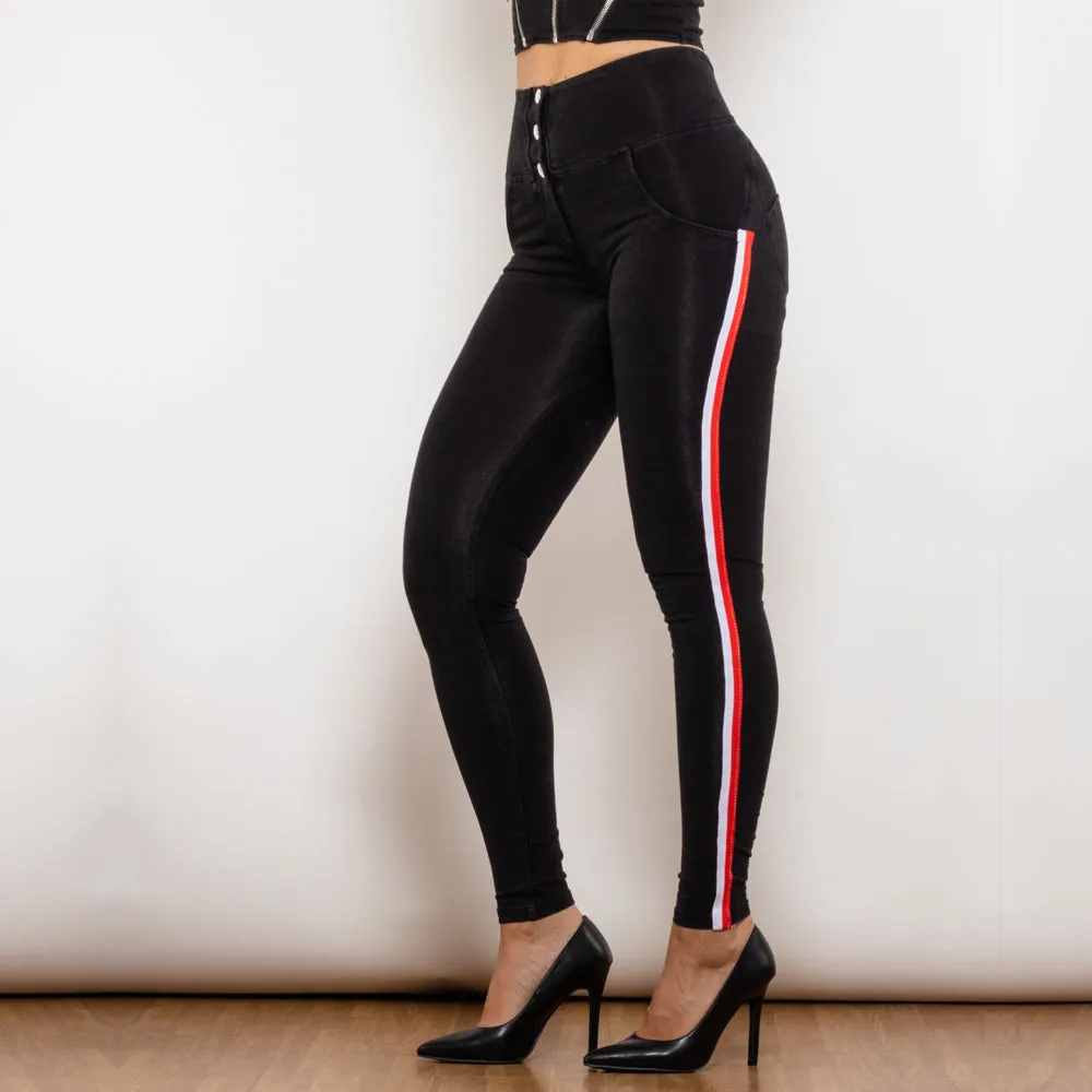 High Waist Dark Thread Black Jeans Button Style with Stripe