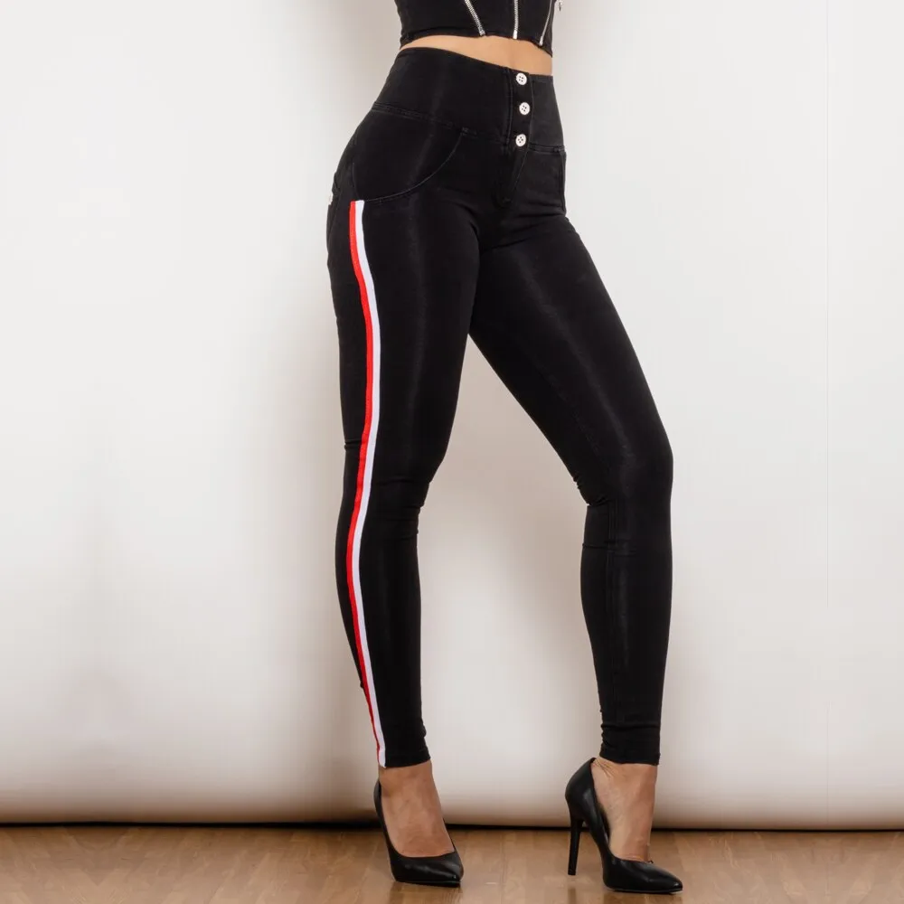 High Waist Dark Thread Black Jeans Button Style with Stripe