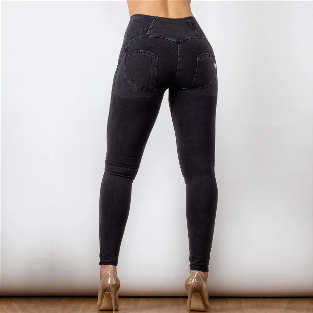 High Waist Dark Thread Black Jeans Button Style