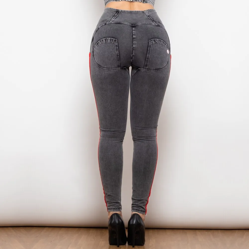 High Waist Dark Thread Grey Jeans with Stripe