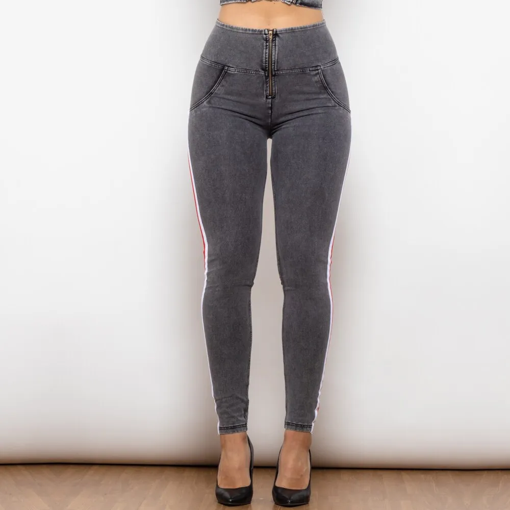 High Waist Dark Thread Grey Jeans with Stripe