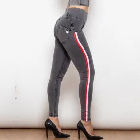 High Waist Dark Thread Grey Jeans with Stripe