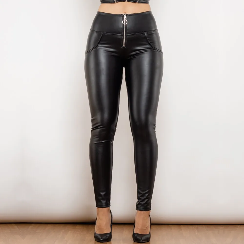 Matt Black Leather High Waist Pants with Ring Zipper