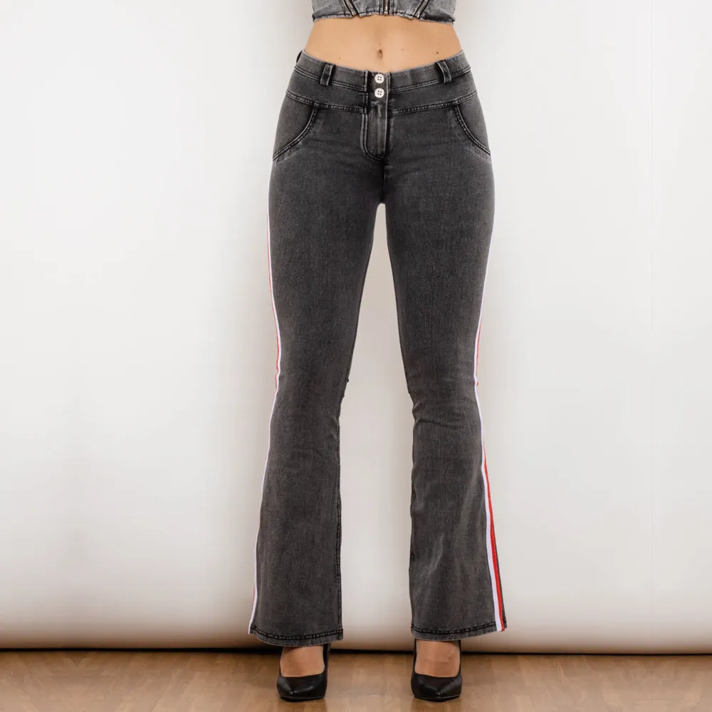 Mid Waist Dark Thread Grey Flare Jeans with Stripe