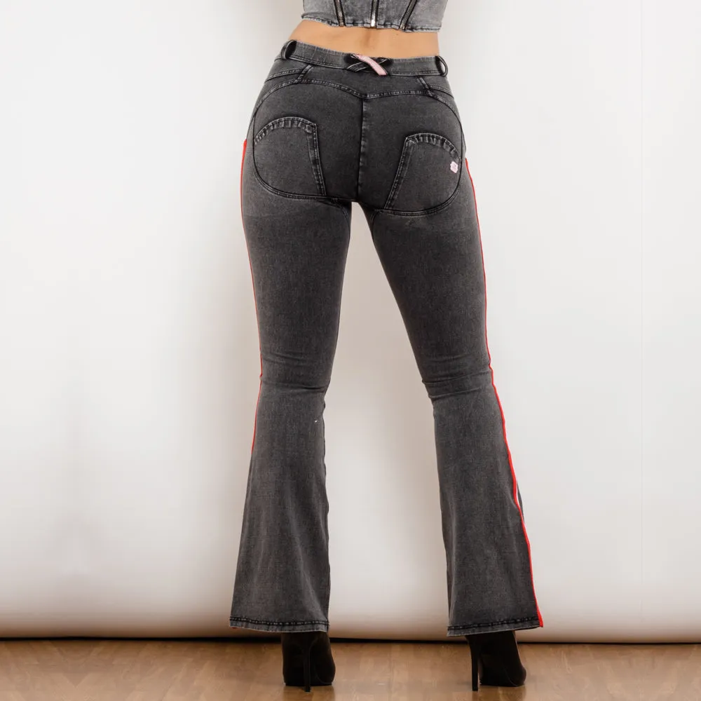 Mid Waist Dark Thread Grey Flare Jeans with Stripe