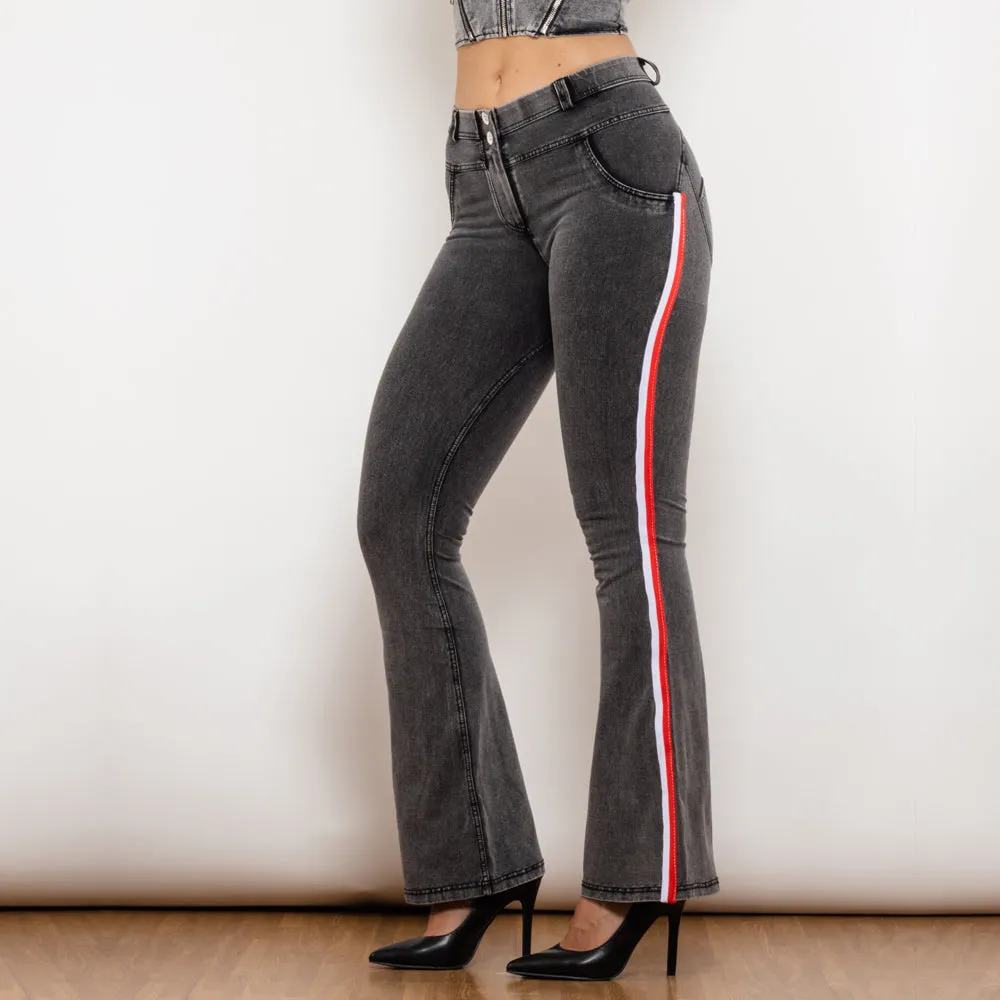 Mid Waist Dark Thread Grey Flare Jeans with Stripe