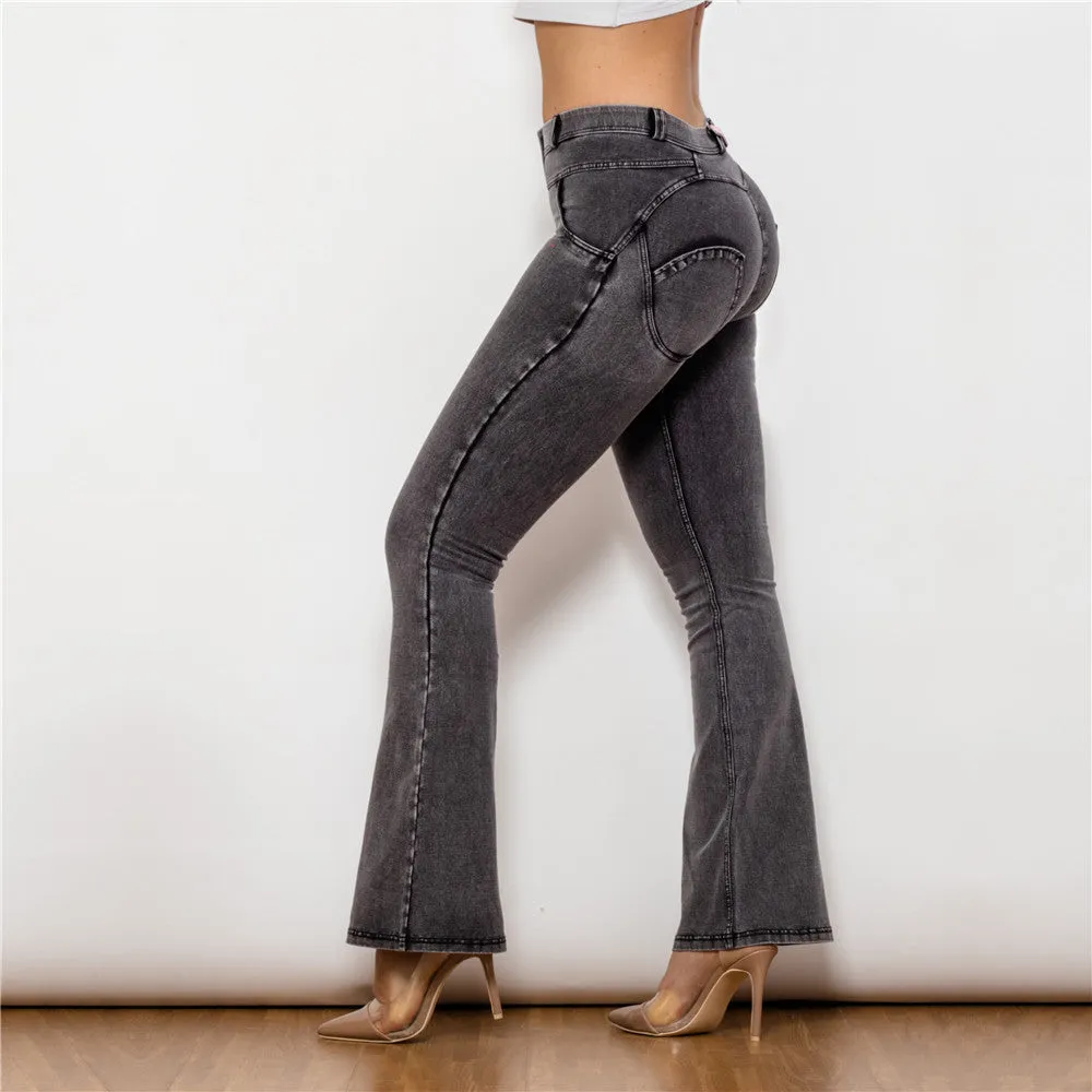 Mid Waist Dark Thread Grey Flare Jeans