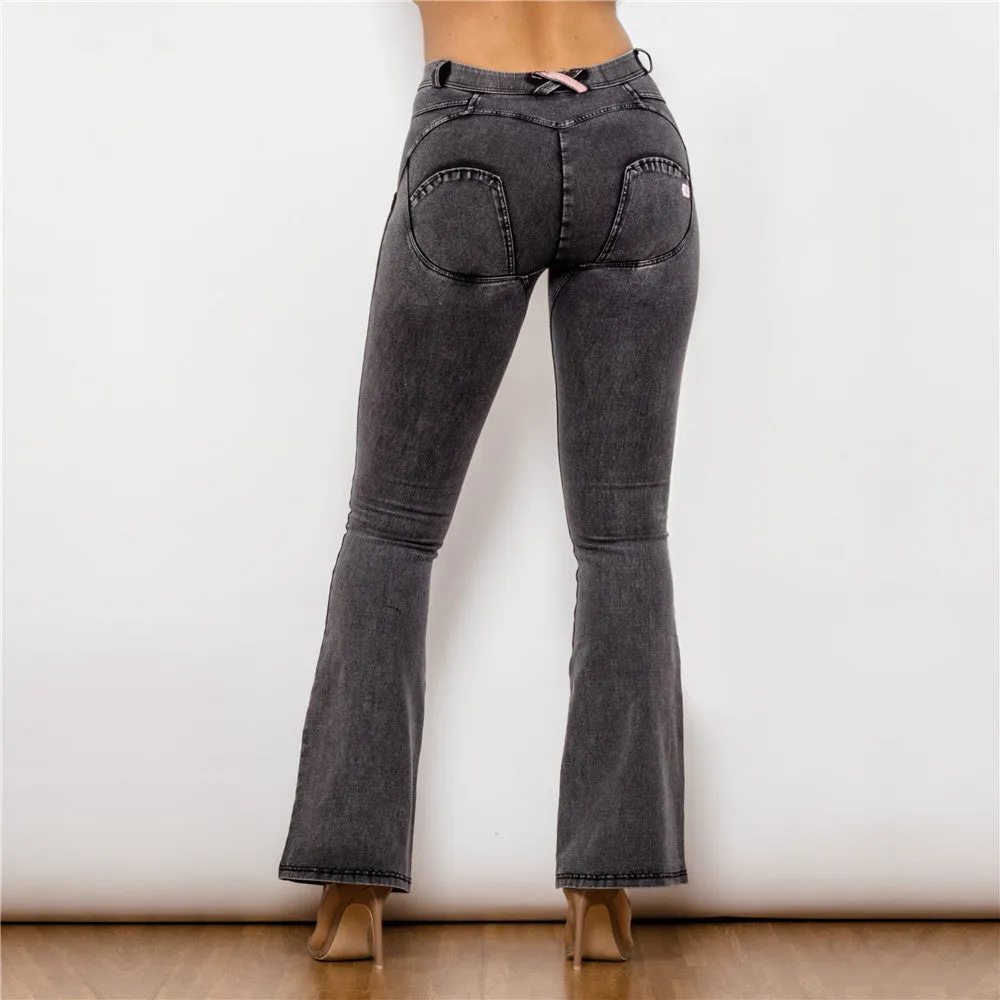 Mid Waist Dark Thread Grey Flare Jeans