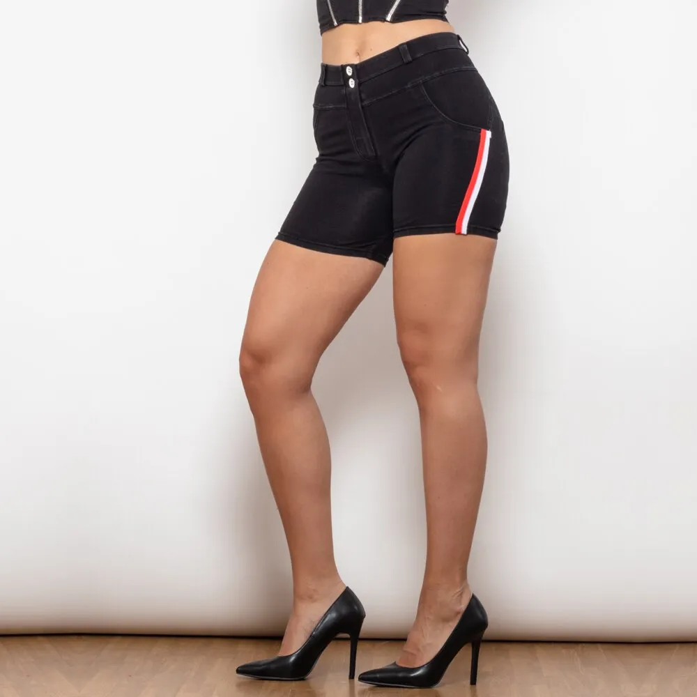 Middle Waist Black Lift Jeggings Shorts with Stripe