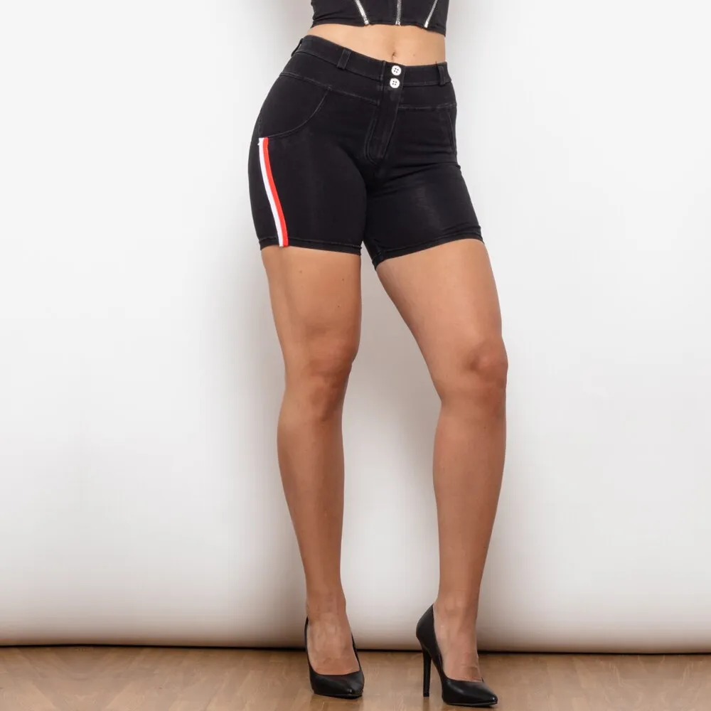 Middle Waist Black Lift Jeggings Shorts with Stripe