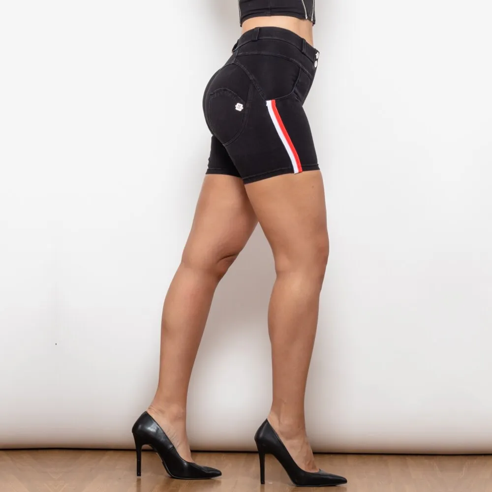 Middle Waist Black Lift Jeggings Shorts with Stripe