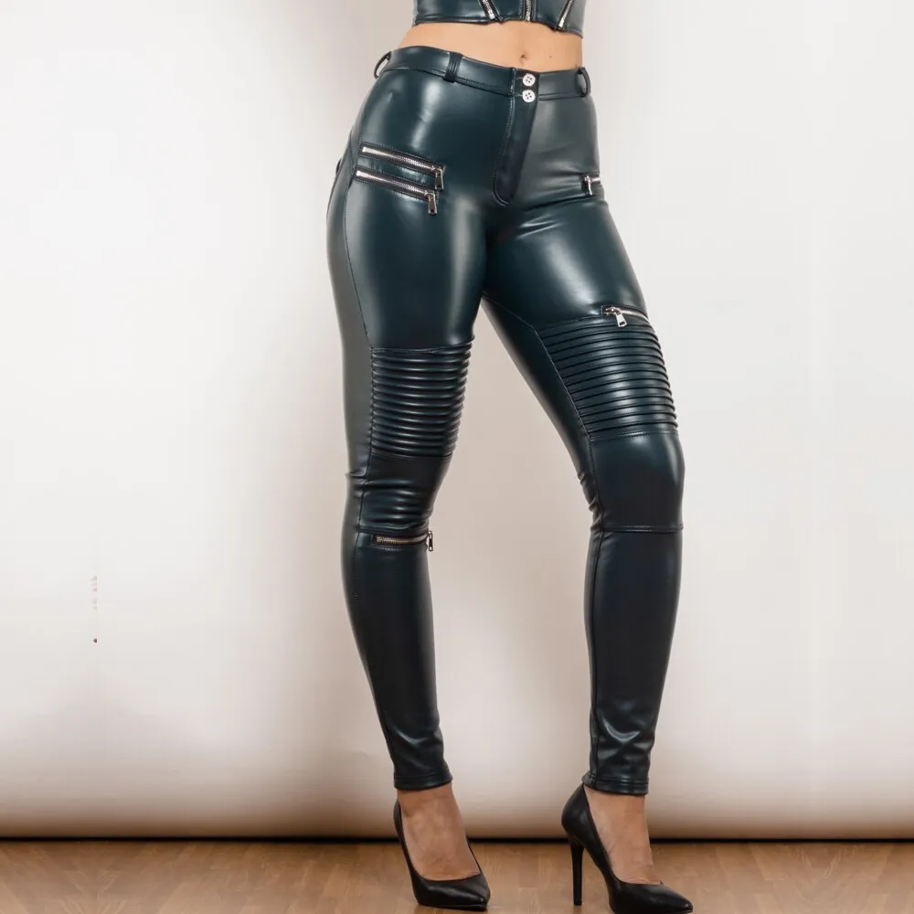 Middle Waist Blue Motor Leather Pants