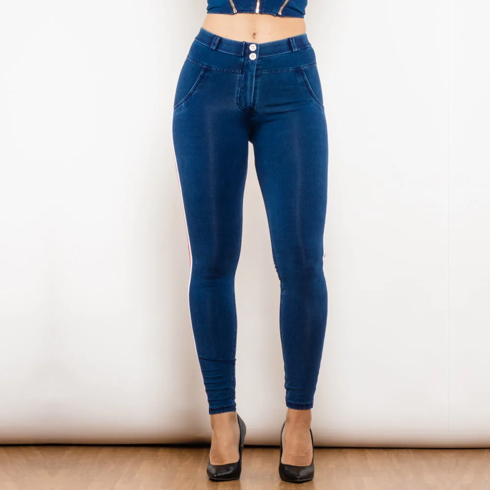 Middle Waist Dark Thread Dark Blue Jeans with Stripe