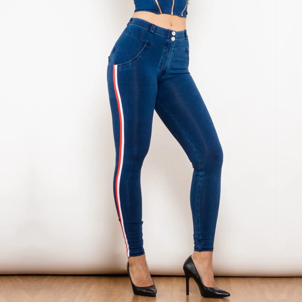 Middle Waist Dark Thread Dark Blue Jeans with Stripe