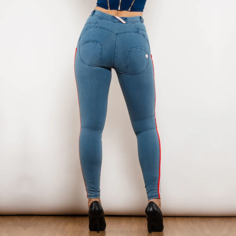 Middle Waist Dark Thread Light Blue Jeans with Stripe