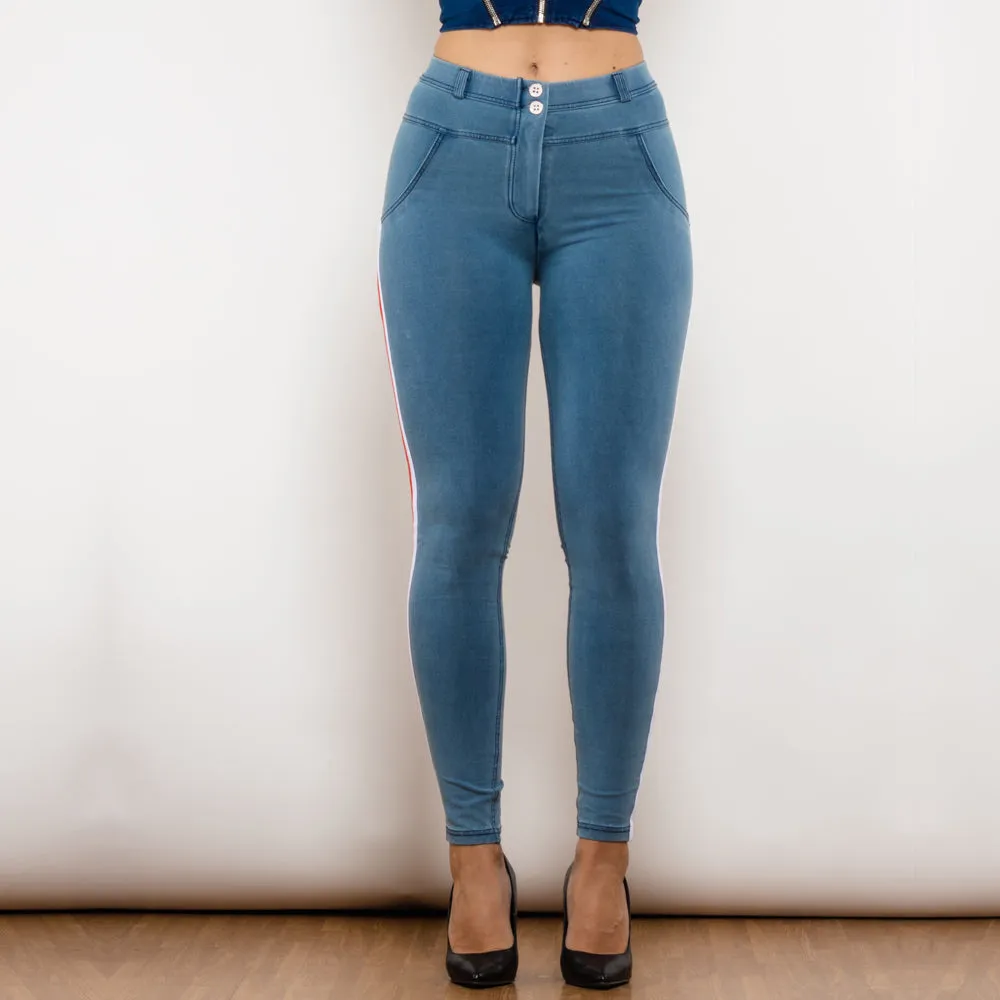 Middle Waist Dark Thread Light Blue Jeans with Stripe