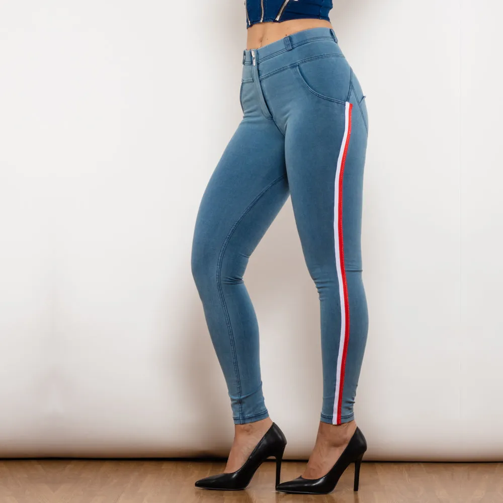 Middle Waist Dark Thread Light Blue Jeans with Stripe