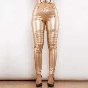 Middle Waist Gold Motor Leather Pants