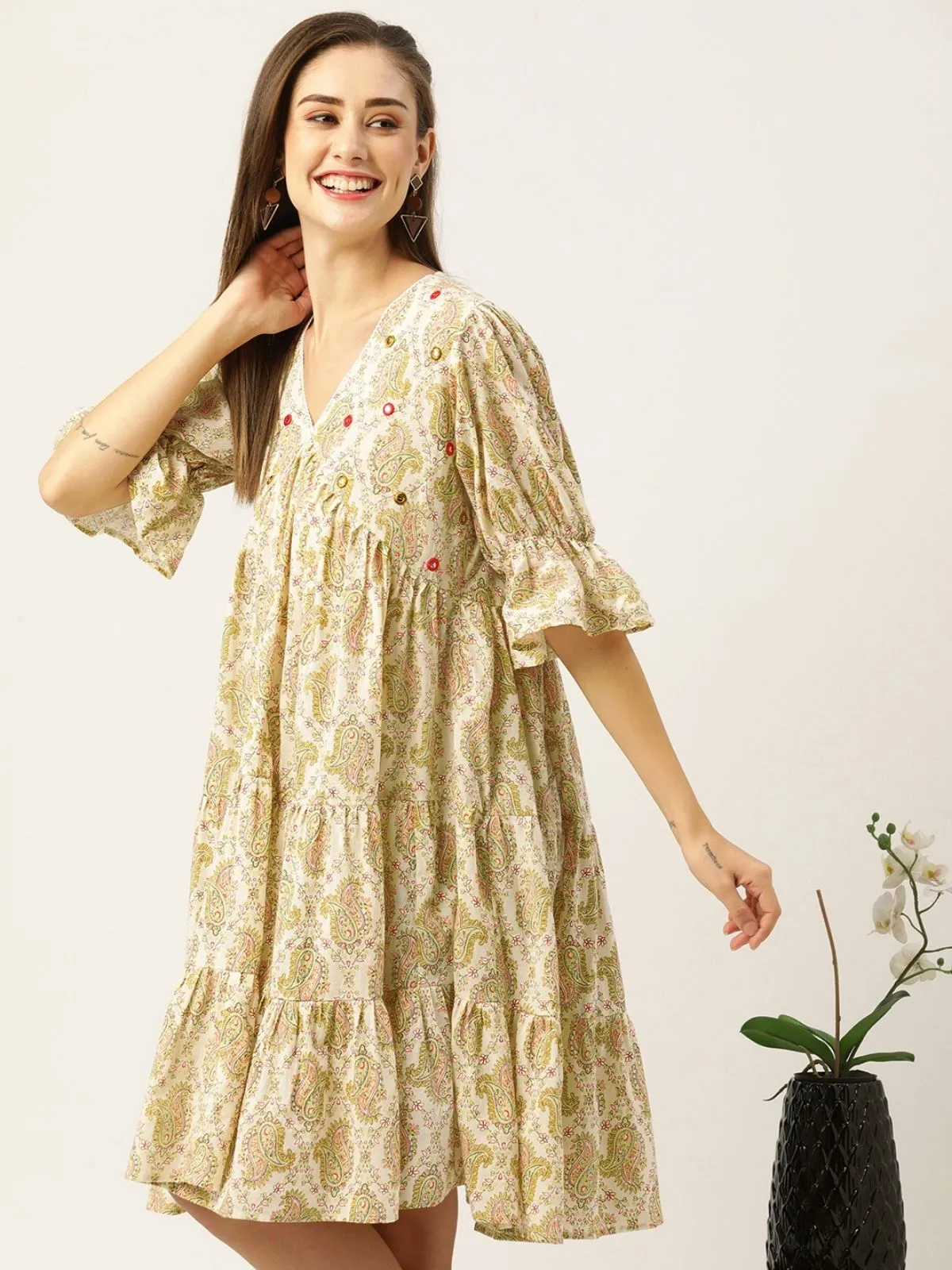 Odette Beige Cotton Printed Stitched Indo Western Dress For Women