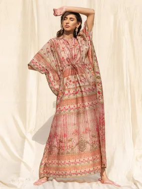 Odette Beige Silk Printed Stitched Indo Western Kaftan For Women