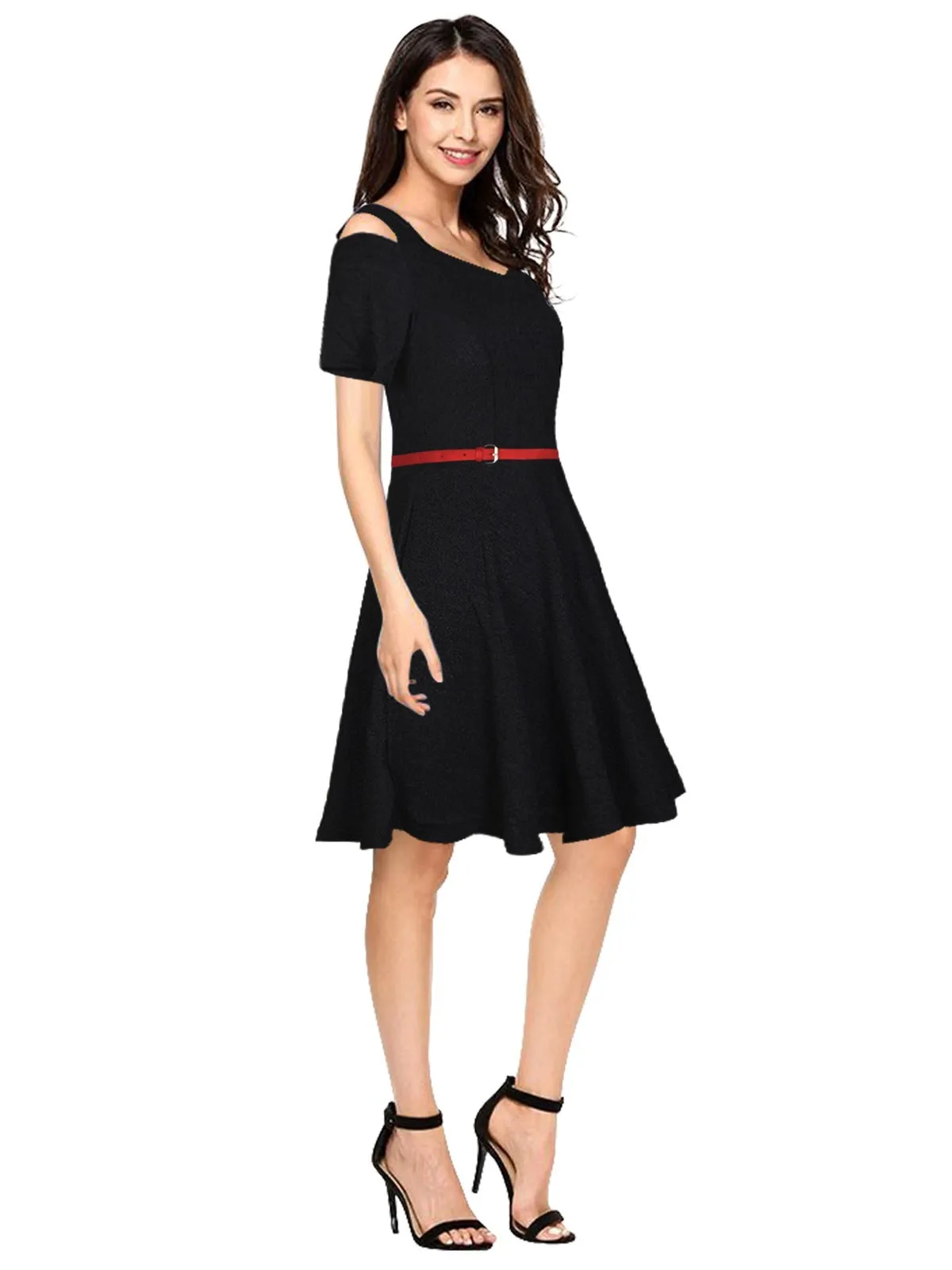 Odette Black Polyester Skater Dress For Women