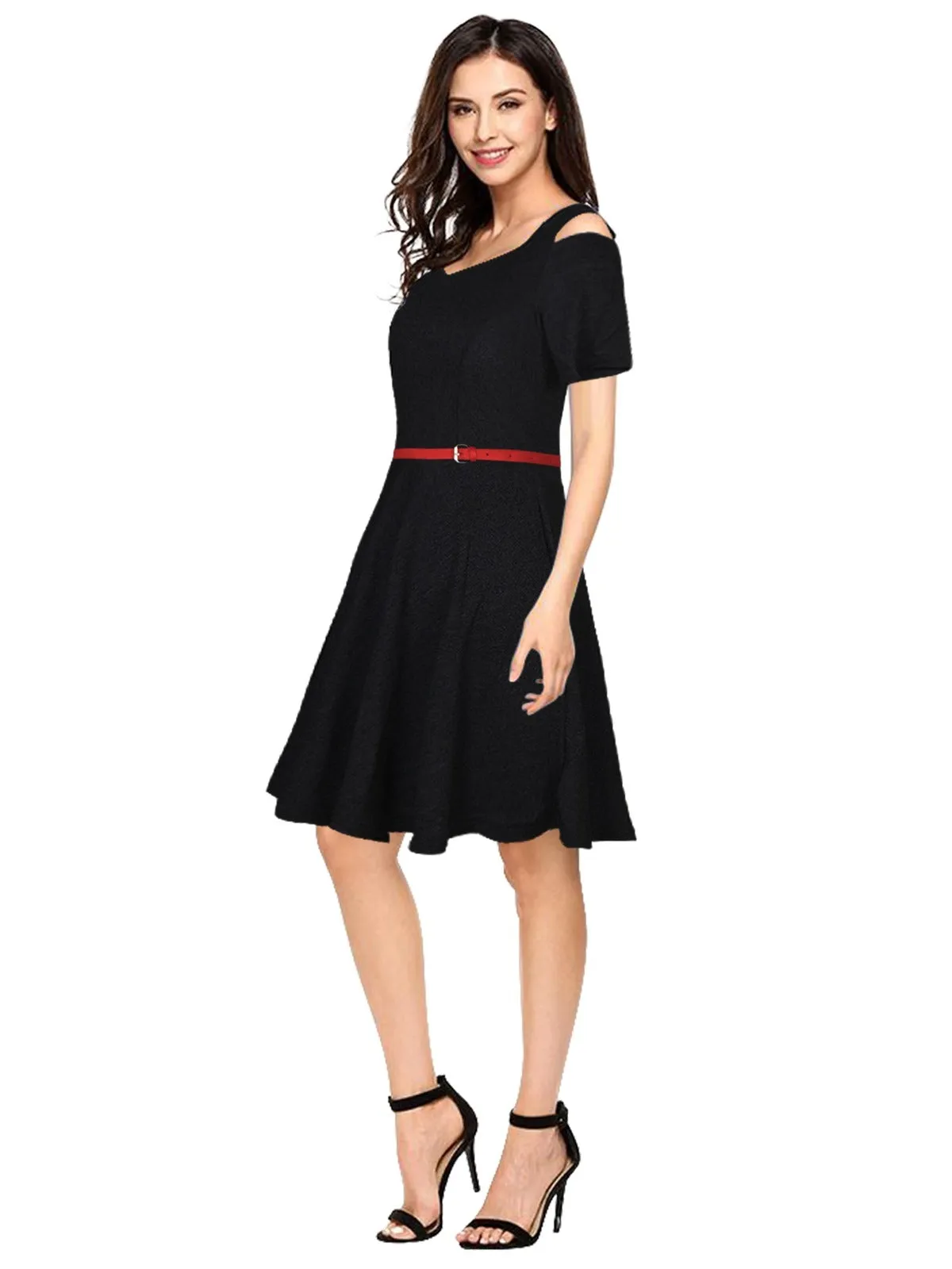 Odette Black Polyester Skater Dress For Women