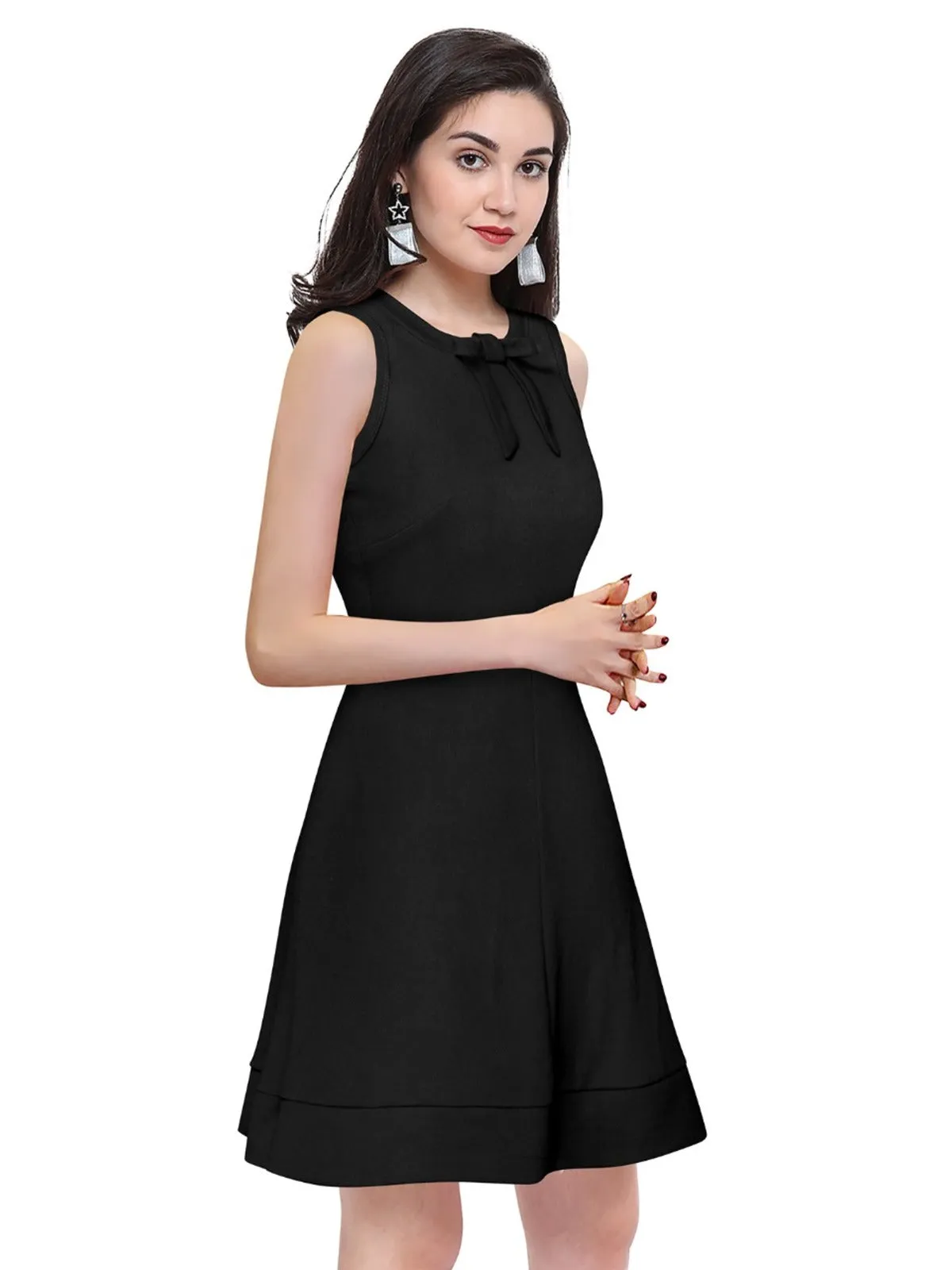 Odette Black Polyester Skater  Dress For Women