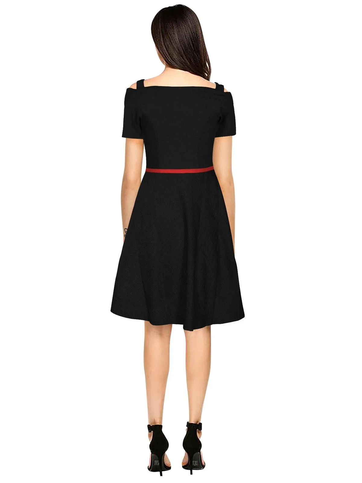 Odette Black Polyester Skater Dress For Women