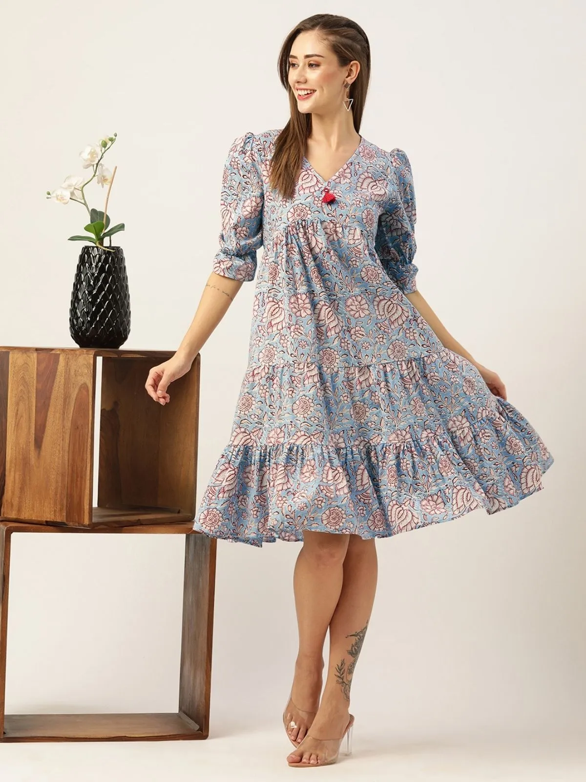 Odette Blue Cotton Printed Stitched Indo Western Dress For Women