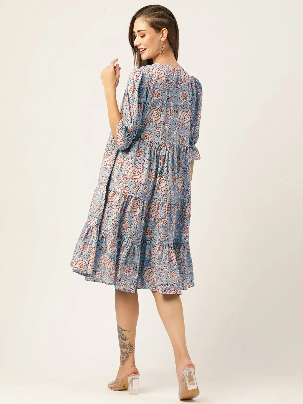 Odette Blue Cotton Printed Stitched Indo Western Dress For Women