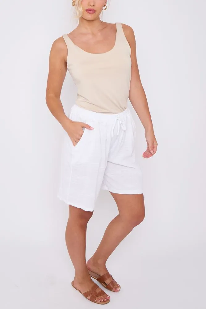 Plain Pockets Drawstring Waistband Cotton Shorts