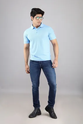 Polo T Shirts for Men - Men Sky Blue Solid Polo Collar