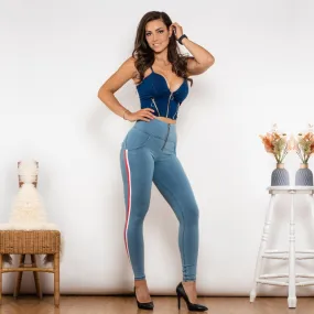 Shaper Set High Waist Dark Thread Light Blue Jeans with Stripe Jeans Set Sexy Pants Set 2 Pieces Set