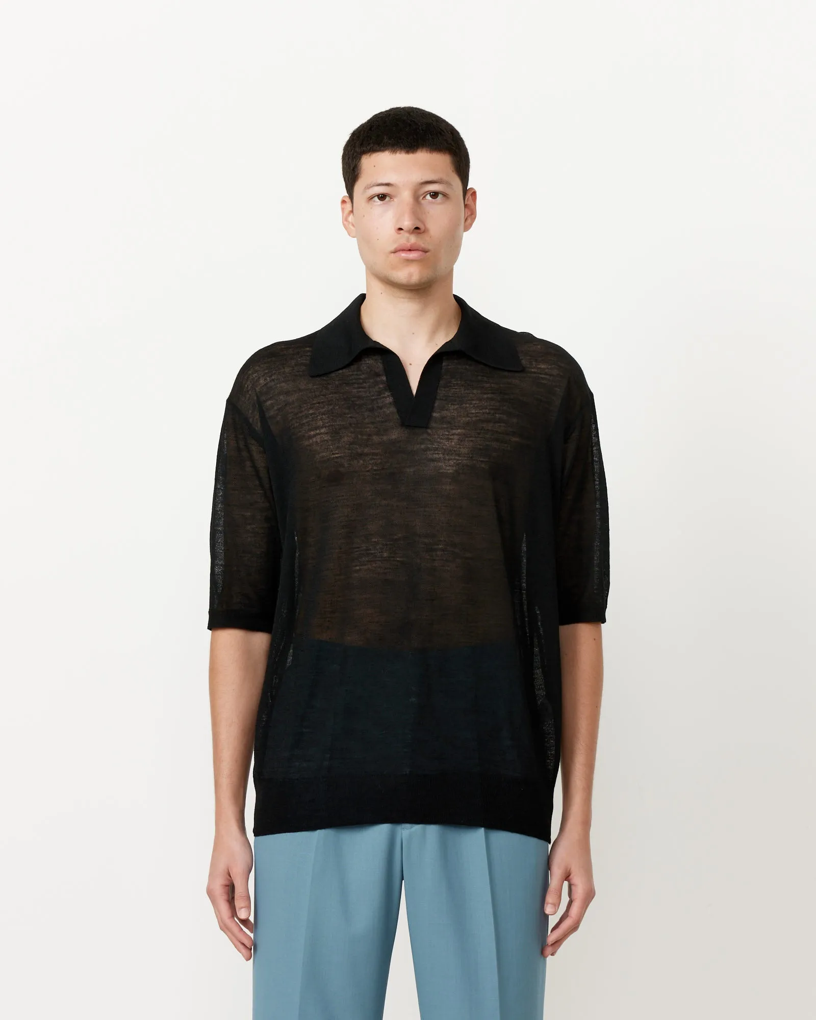 Silk Knit Skipper Polo in Black