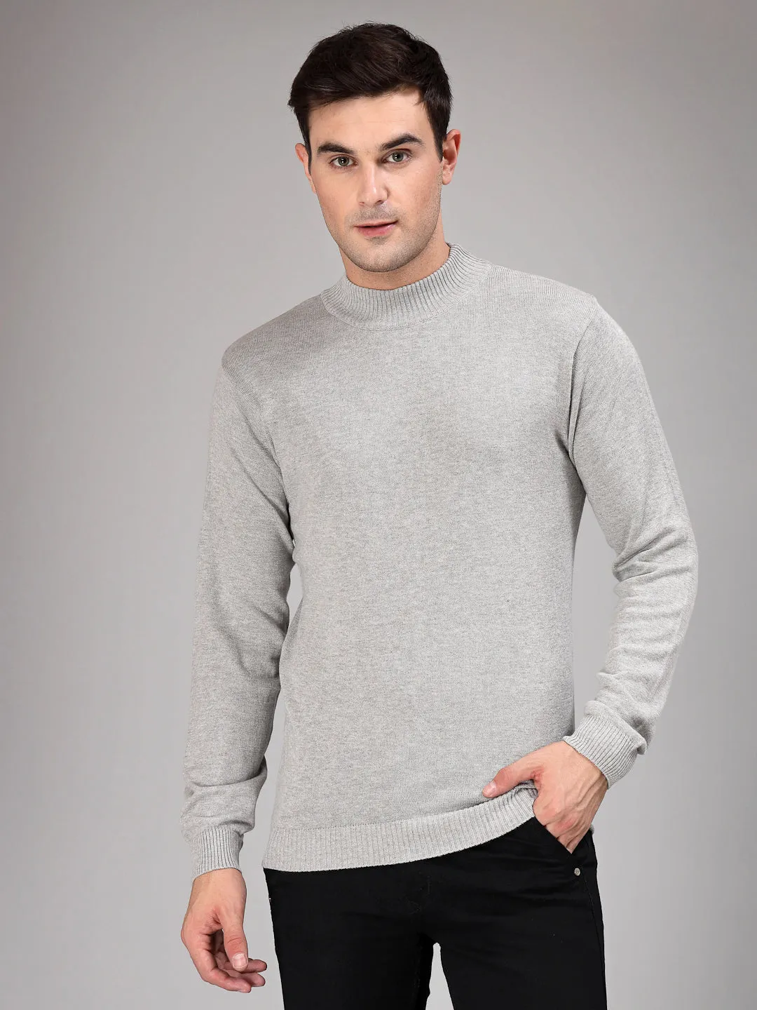 Style Quotient Men Solid Grey Knitted Regular Sweater