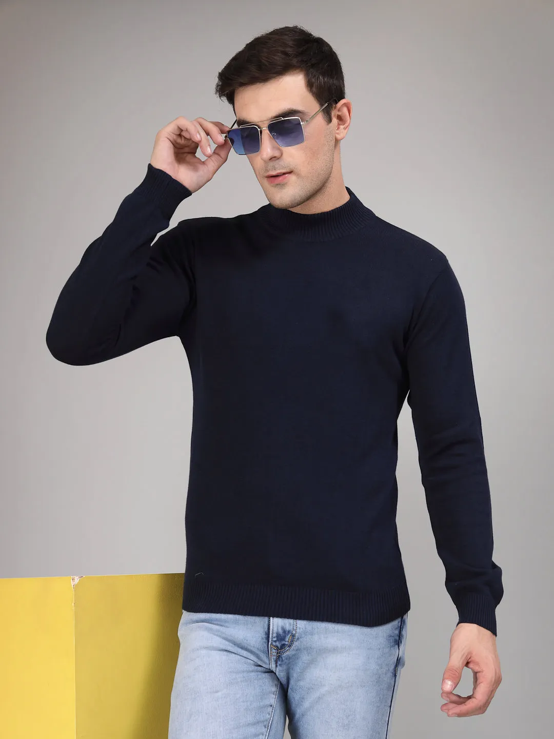 Style Quotient Men Solid Navy Knitted Regular Sweater