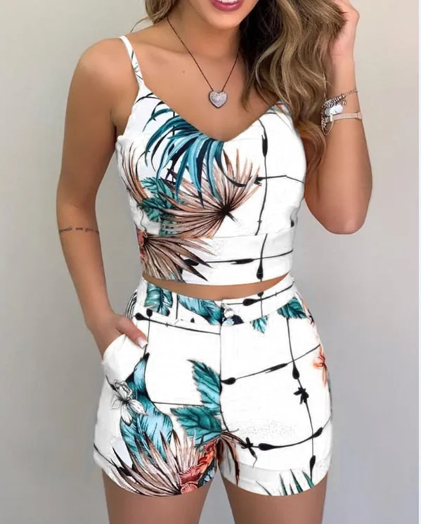 Women Summer Sleeveless Crop Tops   High Waist Shorts Tracksuit