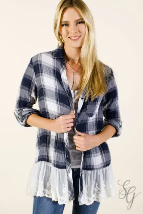 Women's Plaid and Lace Button Up Blouse